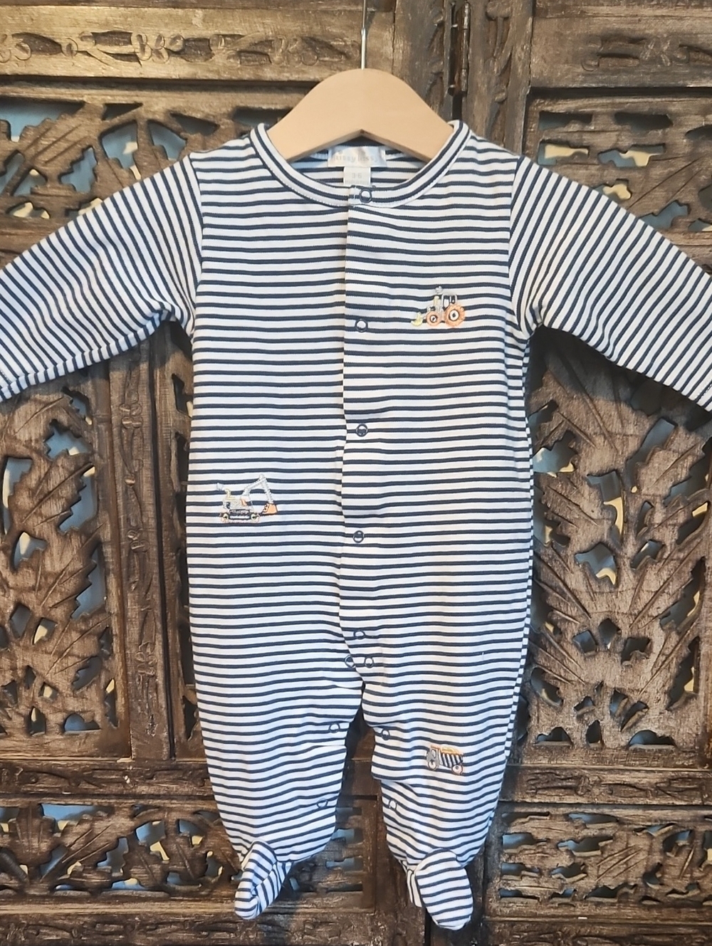 Kissy Kissy Navy & White Striped Footed Construction One-Piece. Euc